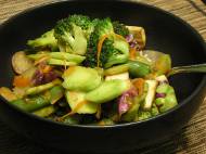 Broccoli, tofu, green onion, snow peas, carrot, and red cabbage stir fry over brown jasmine rice